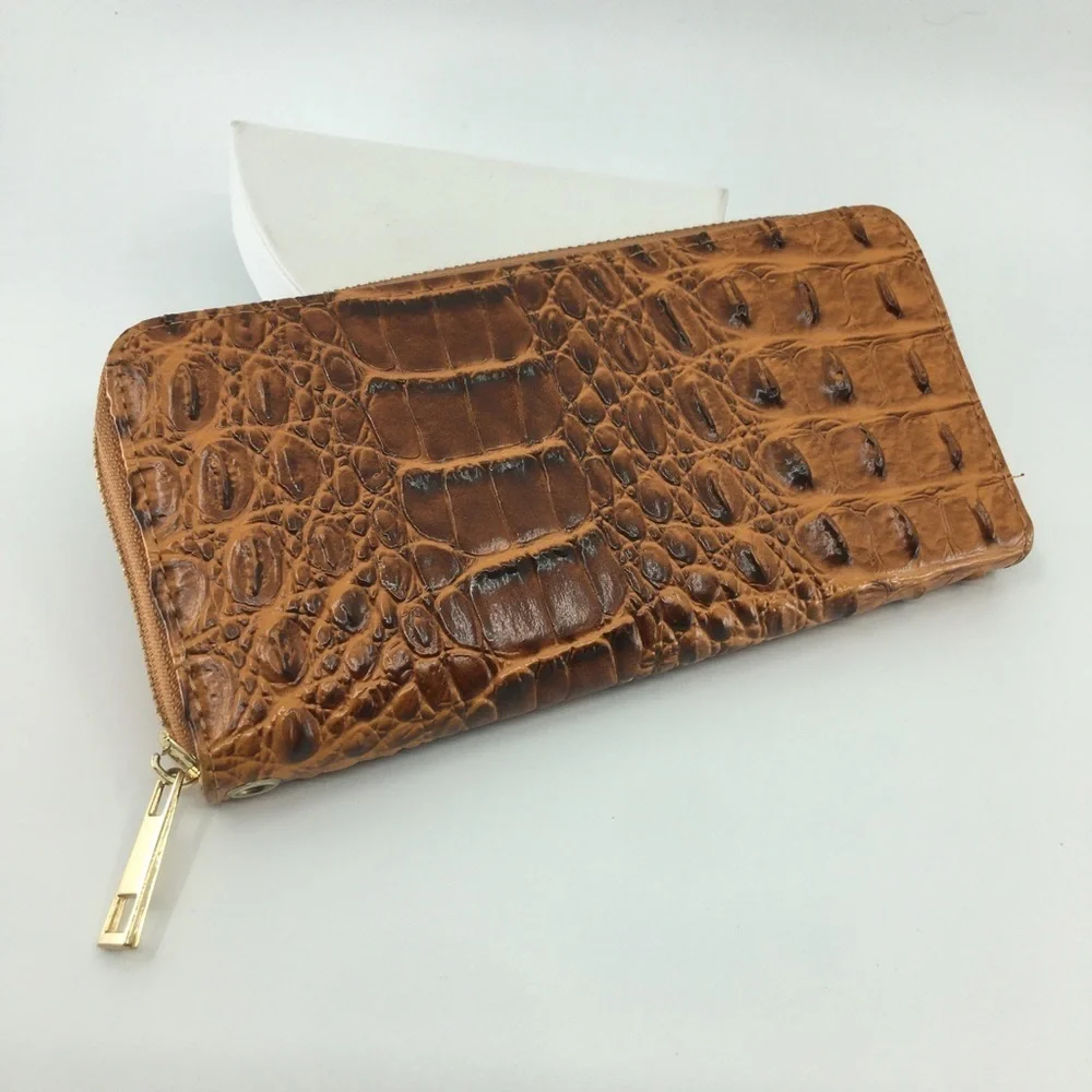 Croc Embossed Zip Around Wallet Tan Brown Vegan Faux Leather Brahmin Inspired
